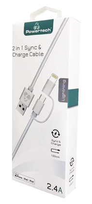 POWERTECH καλώδιο USB σε Micro/Lightning PT-707, MFi, 2.4A, 1m, λευκό