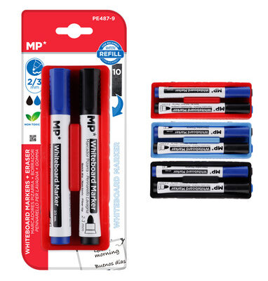 MP μαρκαδόροι & σφουγγάρι ασπροπίνακα PE487-9, 2/3mm μαύρος & μπλε, 2τμχ