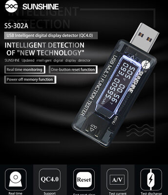 SUNSHINE USB tester φόρτισης SS-302A, V/A/Time/mAh