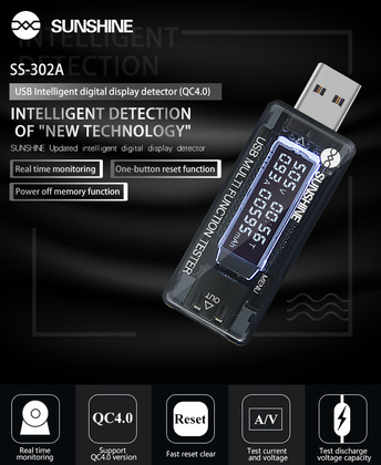 SUNSHINE USB tester φόρτισης SS-302A, V/A/Time/mAh