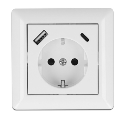 11489 DELOCK πρίζα τοίχου 11489 με θύρες φόρτισης USB & USB Type-C 3.4A, λευκή