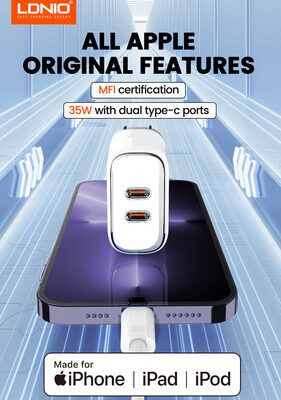 6933138700280-1 LDNIO φορτιστής τοίχου A2528M με καλώδιο, 2x USB-C, 35W, MFi, λευκό