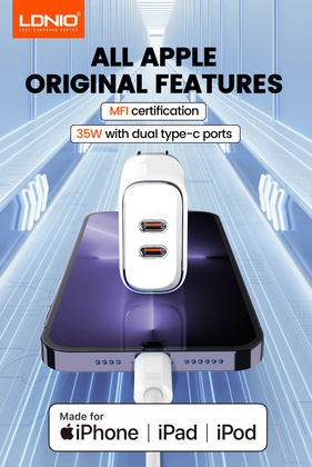 LDNIO φορτιστής τοίχου A2528M με καλώδιο, 2x USB-C, 35W, MFi, λευκό