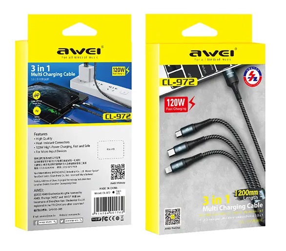 Καλώδιο φόρτισης & data 3in1 - Fast Charge - CL-972 - 1.2m - AWEI - 888155 - Black