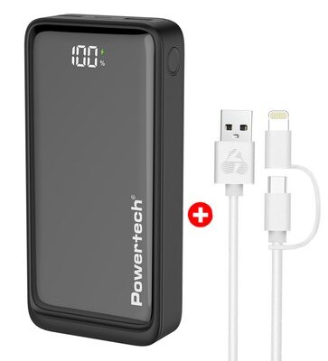 POWERTECH power bank με οθόνη & καλώδιο USB σε Micro/Lightning BNDL-0196, 20000mAh