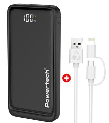 POWERTECH power bank με οθόνη & καλώδιο USB σε Micro/Lightning BNDL-0197, 10000mAh