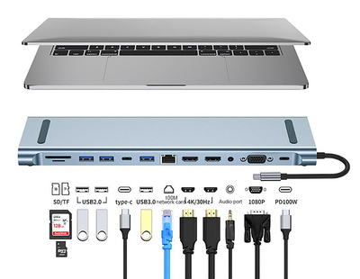 POWERTECH docking station BYL-2003U2, 12 θυρών, βάση laptop, USB-C, γκρι