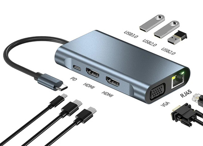 POWERTECH docking station BYL-2311 8 θυρών, USB-C σύνδεση, 100W PD, γκρι