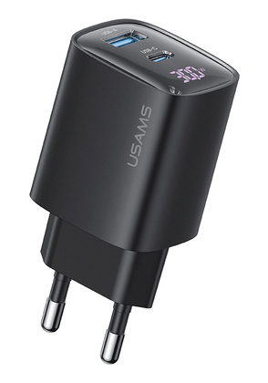 CC229TC01 USAMS φορτιστής τοίχου US-CC229, USB & USB-C, 30W, GaN, μαύρος