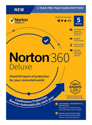 N360-ESD-2 NORTON Antivirus 360 Deluxe ESD, 5 συσκευές, 50GB cloud, 1 έτος