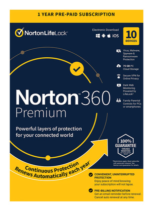 N360-ESD-3 NORTON Antivirus 360 Premium ESD, 10 συσκευές, 75GB cloud, 1 έτος