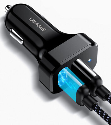 USAMS φορτιστής αυτοκινήτου C13 & καλώδιο type-C, 2x USB, 2.1A, μαύρο