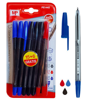 MP στυλό διαρκείας PE144O, 1mm, μπλε, μαύρο & κόκκινο, 21τμχ