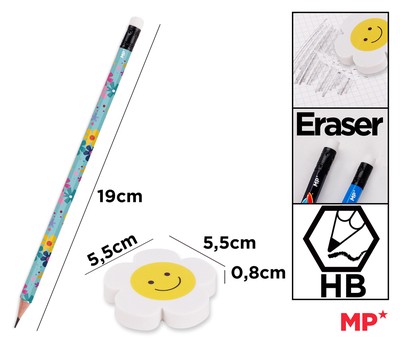 MP σετ ξύλινα μολύβια & γόμα Flowers PE356-02, εξάγωνα, HB, 5τμχ