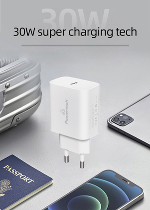 POWERTECH φορτιστής τοίχου PT-1043, USB-C, PD QC3.0, GaN, 30W, λευκός