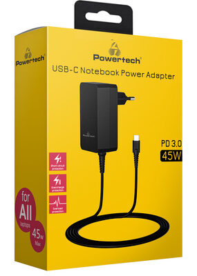 POWERTECH φορτιστής laptop PT-1155, USB-C PD, universal, 45W, μαύρος
