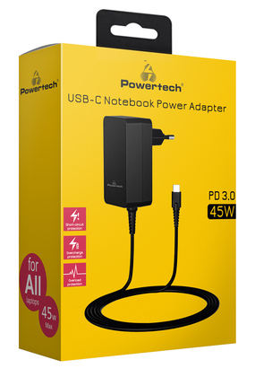 POWERTECH φορτιστής laptop PT-1155, USB-C PD, universal, 45W, μαύρος