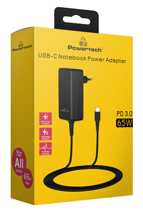 POWERTECH φορτιστής laptop PT-1156, USB-C PD, universal, 65W, μαύρος