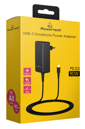 POWERTECH φορτιστής laptop PT-1157, USB-C PD, universal, 90W, μαύρος