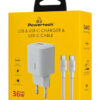 POWERTECH φορτιστής τοίχου PT-1351 με καλώδιο, USB/USB-C, 36W, GaN, λευκός