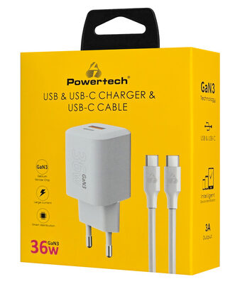 POWERTECH φορτιστής τοίχου PT-1351 με καλώδιο, USB/USB-C, 36W, GaN, λευκός