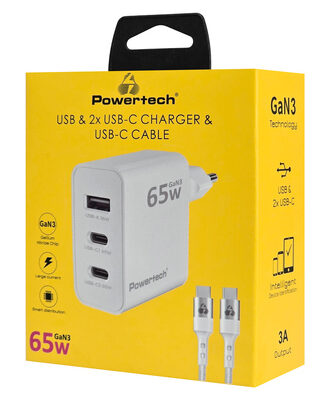POWERTECH φορτιστής τοίχου PT-1378 με καλώδιο, USB/2x USB-C, 65W, GaN, λευκός