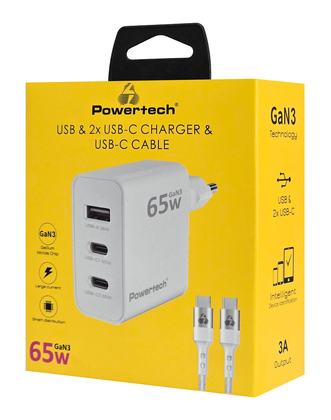 PT-1378-1 POWERTECH φορτιστής τοίχου PT-1378 με καλώδιο, USB/2x USB-C, 65W, GaN, λευκός