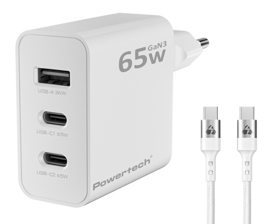 PT-1378 POWERTECH φορτιστής τοίχου PT-1378 με καλώδιο, USB/2x USB-C, 65W, GaN, λευκός