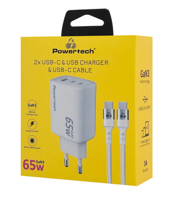 POWERTECH φορτιστής τοίχου PT-1415 με καλώδιο, USB/2x USB-C, 65W, GaN, λευκός