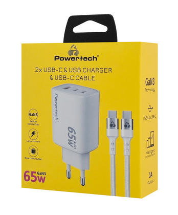 PT-1415-1 POWERTECH φορτιστής τοίχου PT-1415 με καλώδιο, USB/2x USB-C, 65W, GaN, λευκός