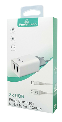PT-776-1 POWERTECH φορτιστής τοίχου PT-776 με καλώδιο USB-C, 2x USB, 2.1A, λευκό