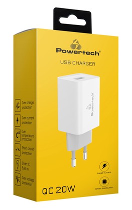 PT-780-1 POWERTECH φορτιστής τοίχου PT-780, USB QC 3.0, 20W, 4A, λευκός