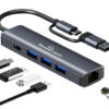 POWERTECH USB hub PTR-0150 με θύρα δικτύου, 4 θυρών, USB & USB-C, γκρι