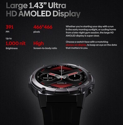 ZEBLAZE smartwatch Vibe 7 Pro, 1.43" AMOLED, ηχείο & mic, 3 ATM, μαύρο