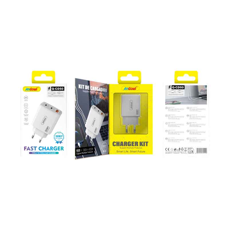 615129 Andowl Γρήγορος φορτιστής κινητού με καλώδιο 65W με Διπλή USB-C & USB-A Q-CD50 -Mobile charger Q-CD50