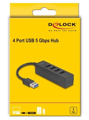 DELOCK USB hub 64350, 4x θυρών, USB 3.0, 5Gbps, USB σύνδεση, μαύρος