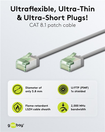 GOOBAY καλώδιο δικτύου 74348, CAT 8.1 U/FTP, ultra slim, copper, 40Gbps, 3m, γκρι