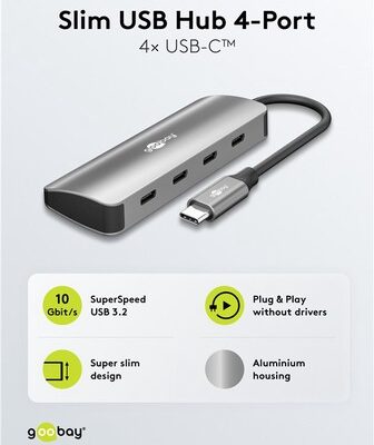 GOOBAY USB hub 76565, 4x θυρών, USB 3.2, 10Gbps, USB-C σύνδεση, γκρι