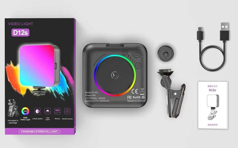 Επαναφορτιζόμενος φακός κάμερας LED - Multicolor - D12S - 812914