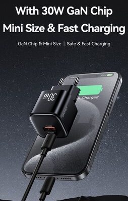 USAMS φορτιστής τοίχου CC263, USB & USB-C, 30W, GaN, μαύρος
