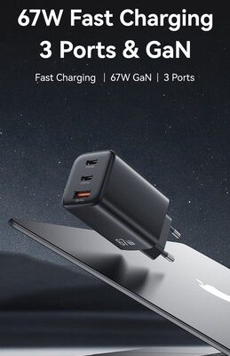 USAMS φορτιστής τοίχου CC265, USB & 2x USB-C, 67W, GaN, μαύρος