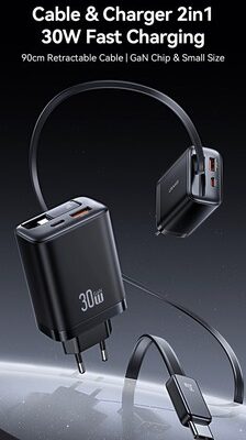 USAMS φορτιστής τοίχου CC296 με καλώδιο, USB & USB-C, 30W, μαύρος