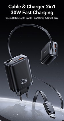 USAMS φορτιστής τοίχου CC296 με καλώδιο, USB & USB-C, 30W, μαύρος