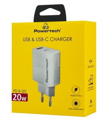 POWERTECH φορτιστής τοίχου PT-1493, USB/USB-C, 20W, λευκός