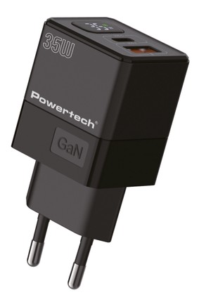 POWERTECH φορτιστής τοίχου PT-1499 με οθόνη, USB/USB-C, 35W, GaN, μαύρος