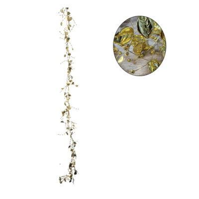 0280006 Χριστουγεννιάτικη Φωτιζόμενη Χρυσή Γιρλάντα με Φύλλα και Πέρλες 120cm - Christmas Lighted Garland with Leaves and Pearls