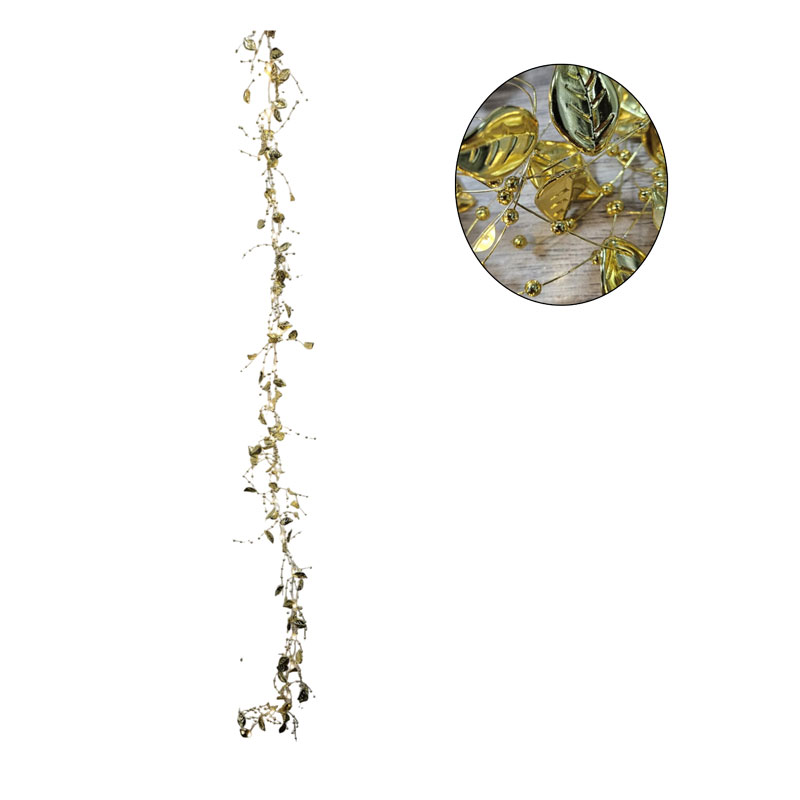 0280006 Χριστουγεννιάτικη Φωτιζόμενη Χρυσή Γιρλάντα με Φύλλα και Πέρλες 120cm - Christmas Lighted Garland with Leaves and Pearls