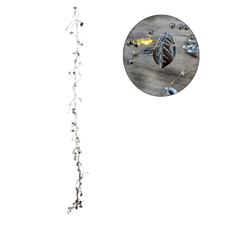 0280007 Χριστουγεννιάτικη Φωτιζόμενη Ασημένια Γιρλάντα με Φύλλα και Πέρλες 120cm - Christmas Lighted Garland with Leaves and Pearls