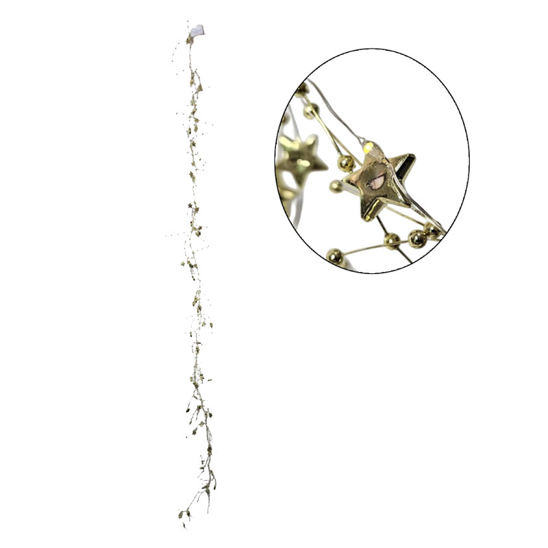 0280008 Χριστουγεννιάτικη Φωτιζόμενη Χρυσή Γιρλάντα με Αστέρια και Πέρλες 120cm - Christmas Lighted Garland with Stars and Pearls