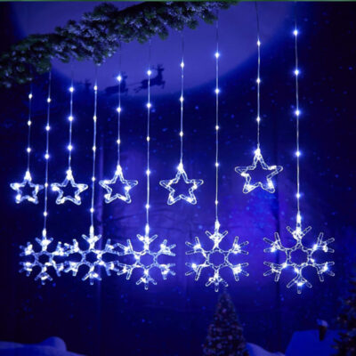 041069-1 Χριστουγεννιάτικα Φωτάκια Κουρτίνα Χιονονιφάδες & Αστεράκια Ψυχρό Χρώμα 120L 3M - Christmas decoration lights white light